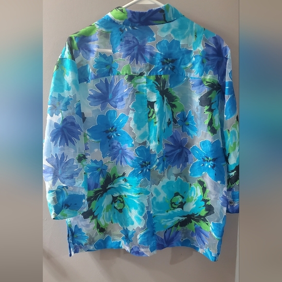 Notations Blue and Green Sheer Floral Shirt 3/4 Sleeves.Sz XL - Picture 3 of 4